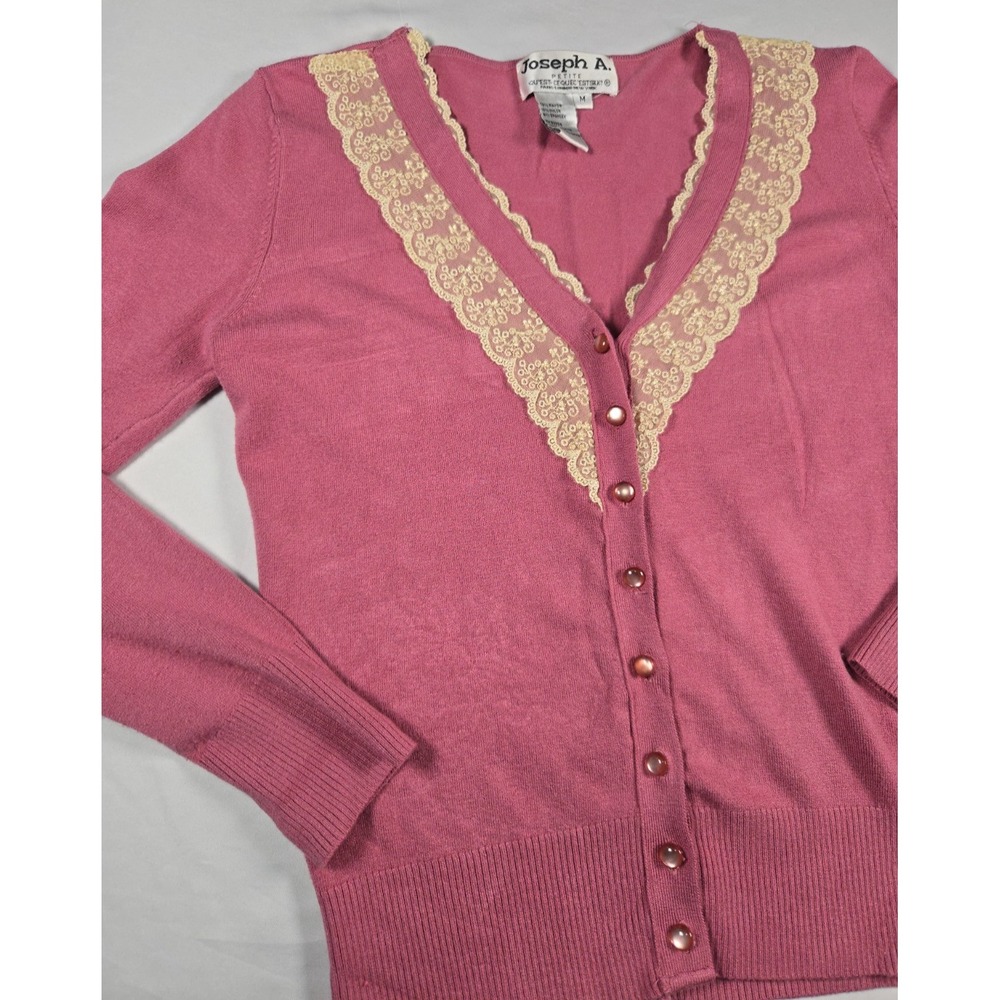 VTG Dusty Rose Pink Lace Trim Cardigan Sweater Sz Petite M Twee Coquette Girly